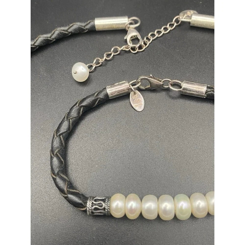 Necklace & Bracelet Set Sterling Silver Freshwater Pearls Braided Black Leather - Picture 4 of 7